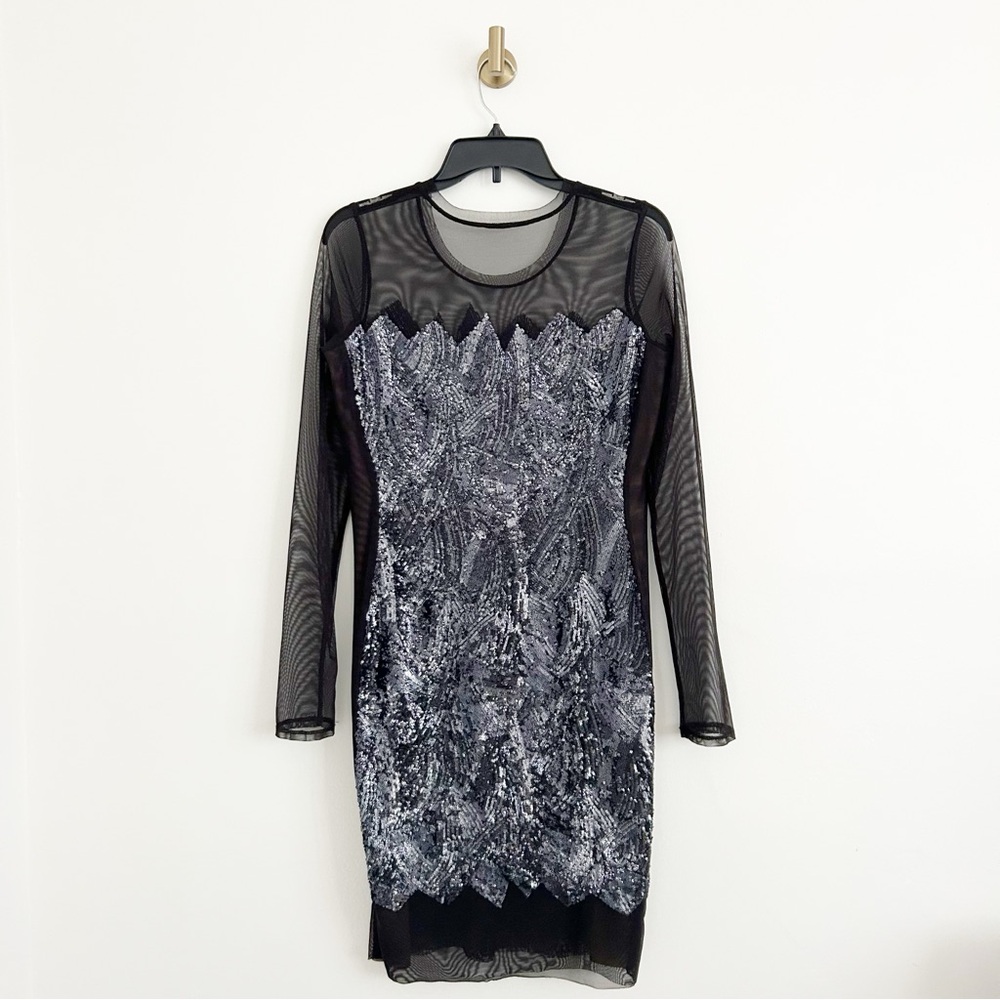 BCBGMaxazria Anaya Long Sleeve Mesh Sequin Cocktail Dress Size Medium - Picture 8 of 8